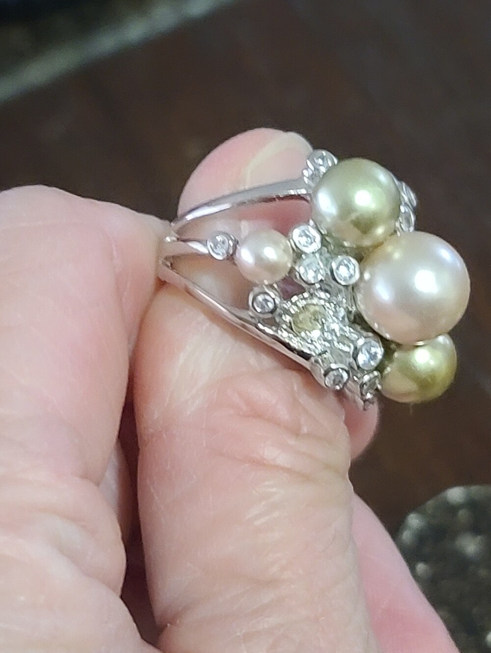 Pearl and Cz Cluster Statement Ring, Pink Pearl, Gold Accents  Sterling Silver 6 - Picture 2 of 6